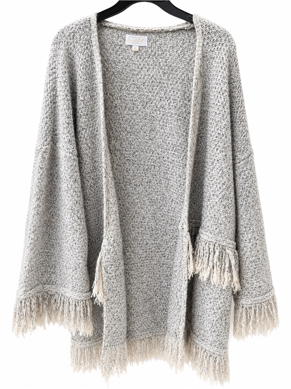 Mud Pie Heathered Light Gray Fringe Open-Front Cardigan